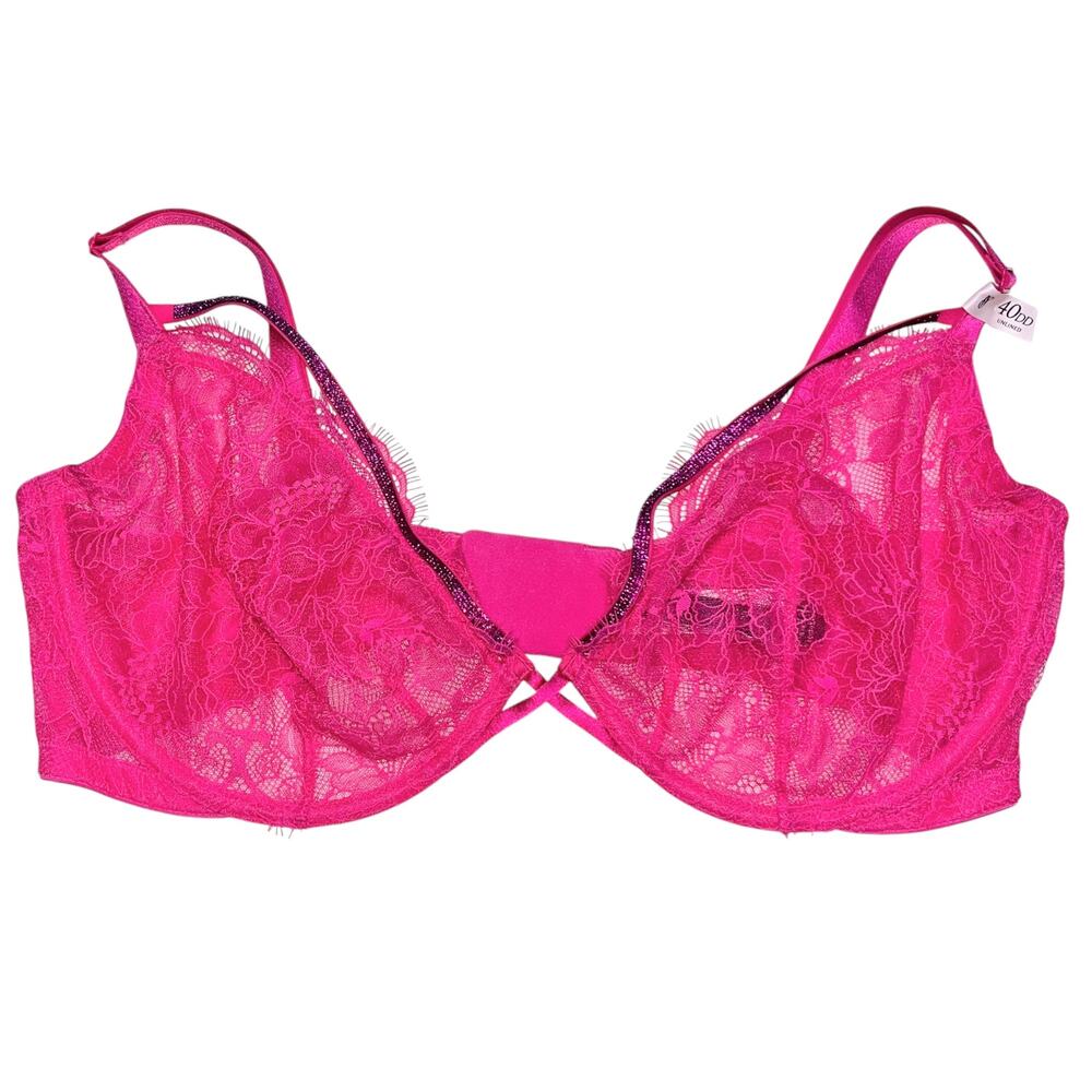 Victoria's Secret Shine Strappy Unlined Lace Low-Cut Demi Bra Hot Pink Size 40DD